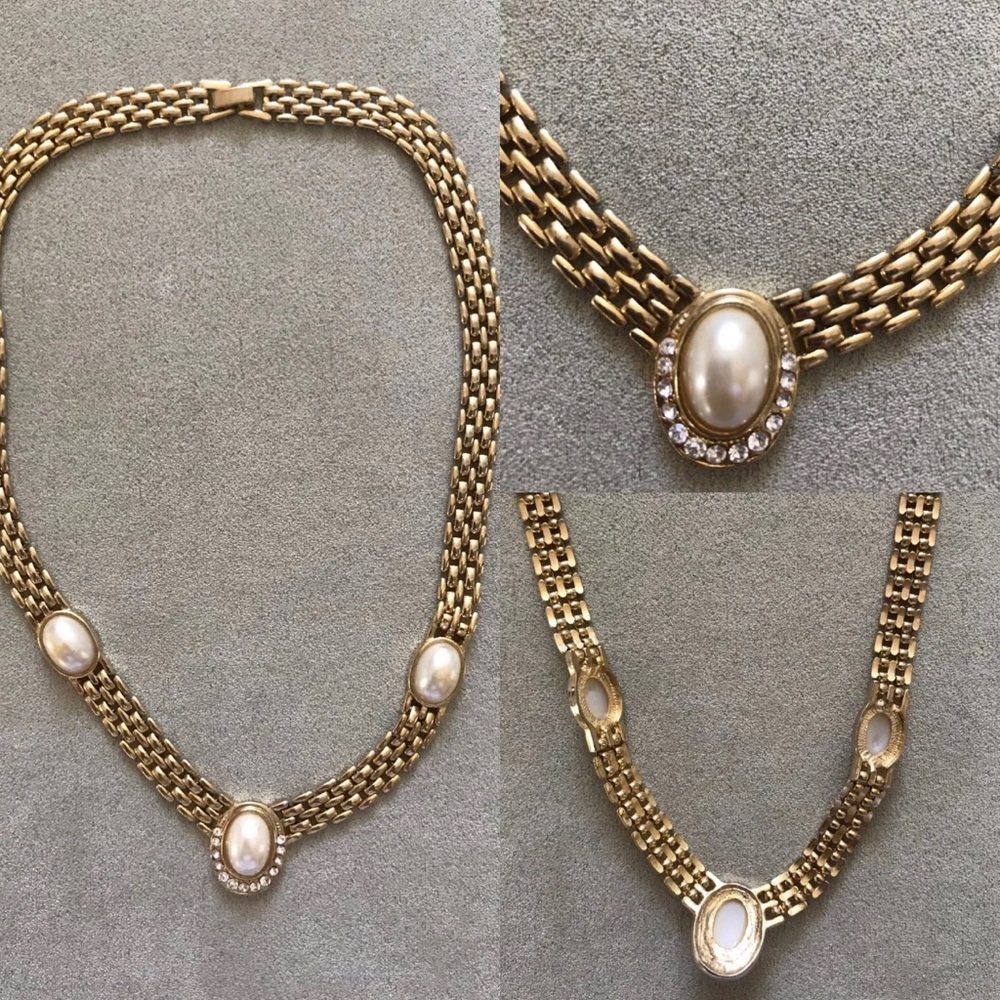 Vintage MCM Art Deco Choker Necklace Ladies gold Plated pearl Crystal neckla…